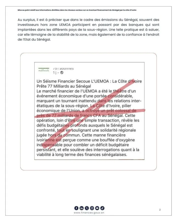 Supposé financement par la Côte d’Ivoire : Le ministère des Finances du Sénégal dément catégoriquement