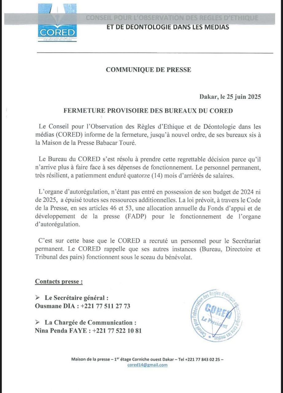 Faute de moyens financiers: Le CORED ferme provisoirement ses bureaux à la Maison de la Presse Babacar Touré