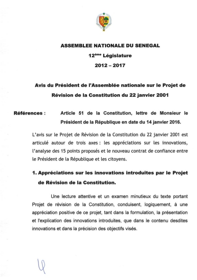 L'Avis de l'Assemblée Nationale adressé au président Macky Sall le 20 janvier 2016 (Documents)