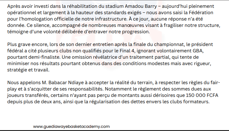 Différents clubs de Basket accablent la gestion de Me Babacar Ndiaye, président de la FSBB