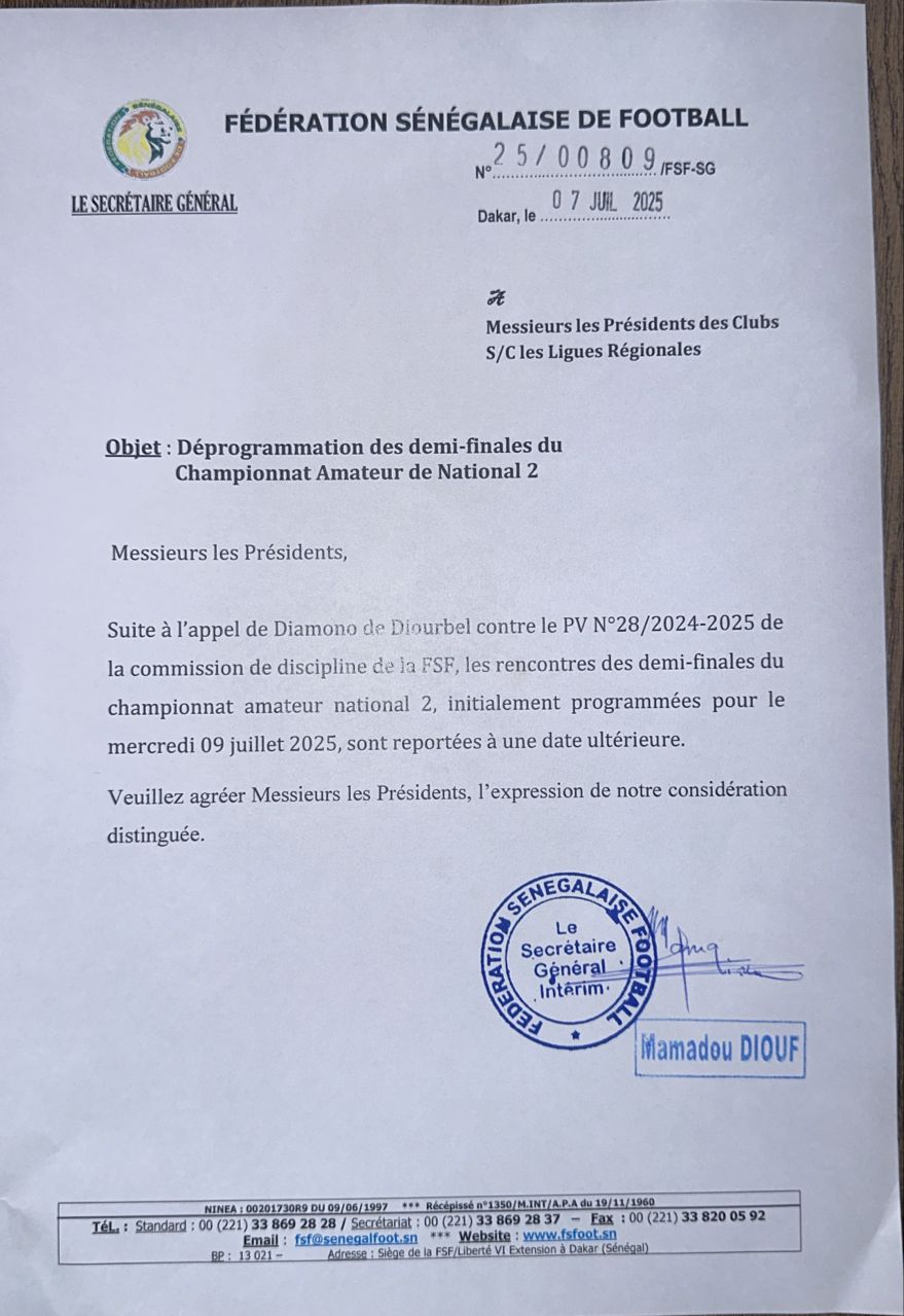 Suite à l'appel du Diamono vs Dahra : Les demi - finales de la nationale 2, reportées à une date ultérieure