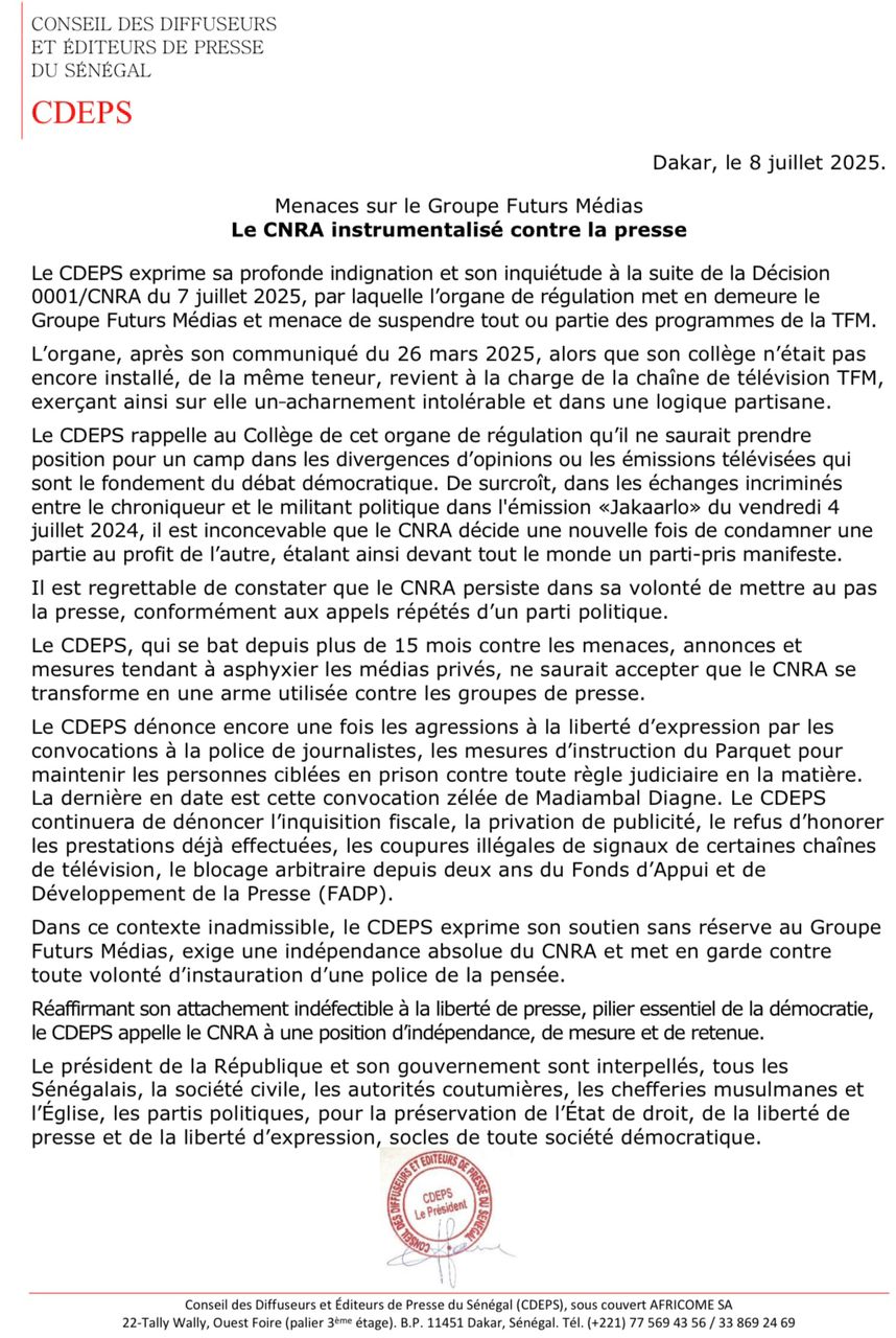 Menaces sur le Groupe Futurs Médias : Le CNRA instrumentalisé contre la presse