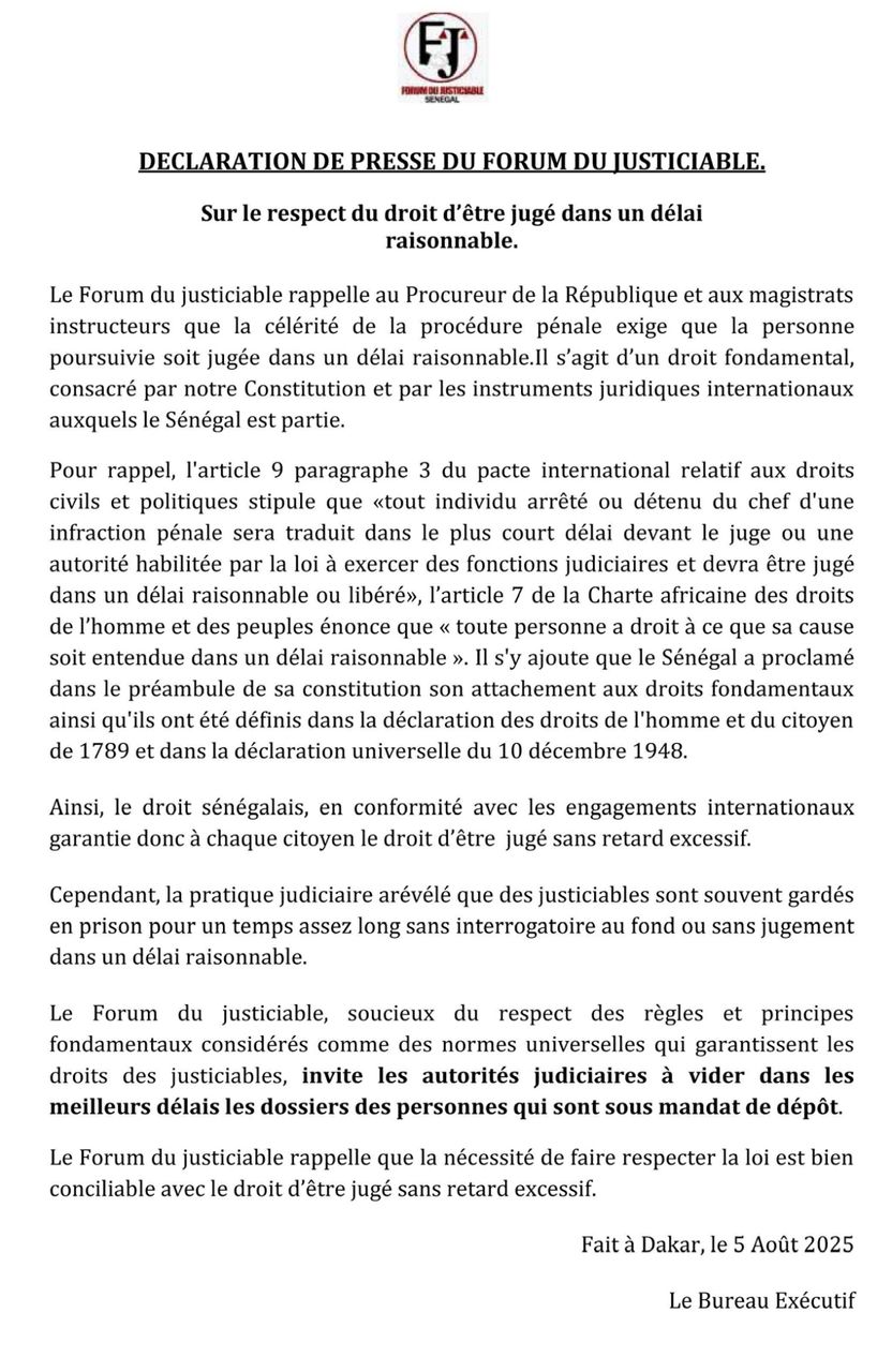 Le Forum du justiciable insiste sur le respect du droit d’être jugé dans un délai raisonnable
