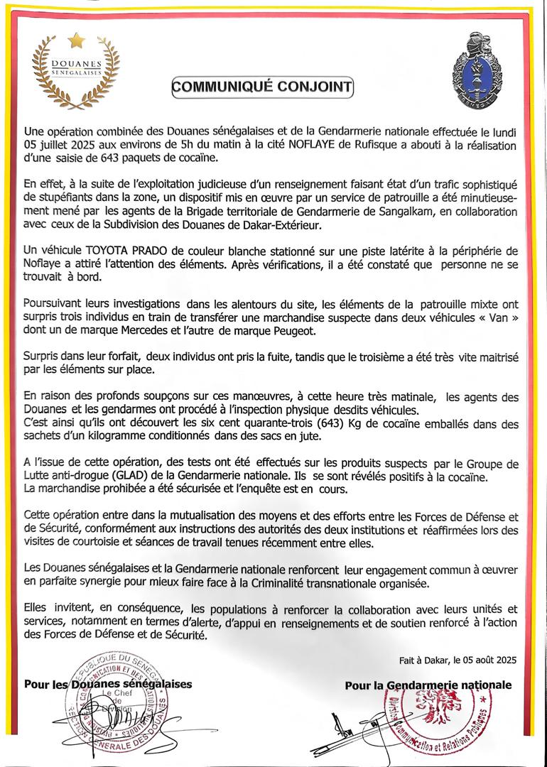 Cité Noflaye de Rufisque : Une opération combinée des Douanes sénégalaises et de la Gendarmerie nationale, a abouti à la saisie de 643 paquets de cocaïne, ce lundi