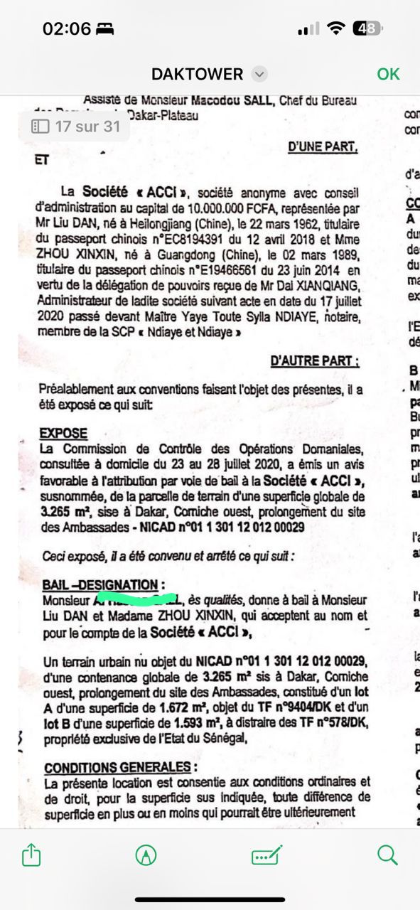 Dossier Daktower : Un terrain stratégique attribué à une société chinoise, des appartements auraient été distribués discrètement