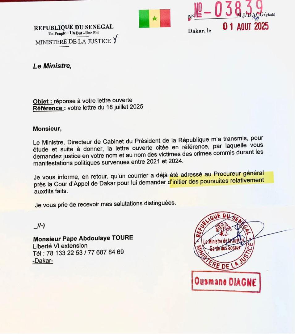 Crimes commis durant les manifestations politiques de 2021-2023 : La lettre réponse, recue par Papa Abdoulaye Touré