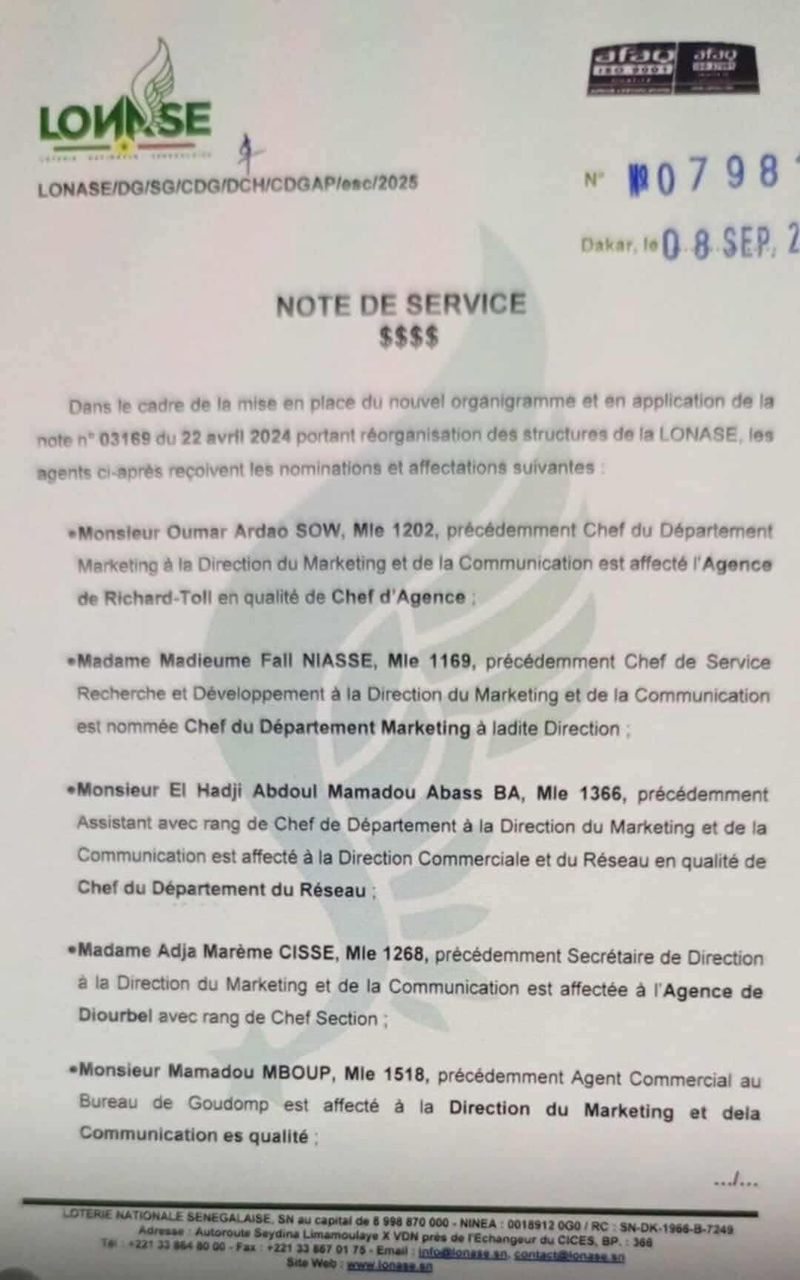 LONASE : Nominations et mutations stratégiques au sein de la Direction Marketing et du Réseau