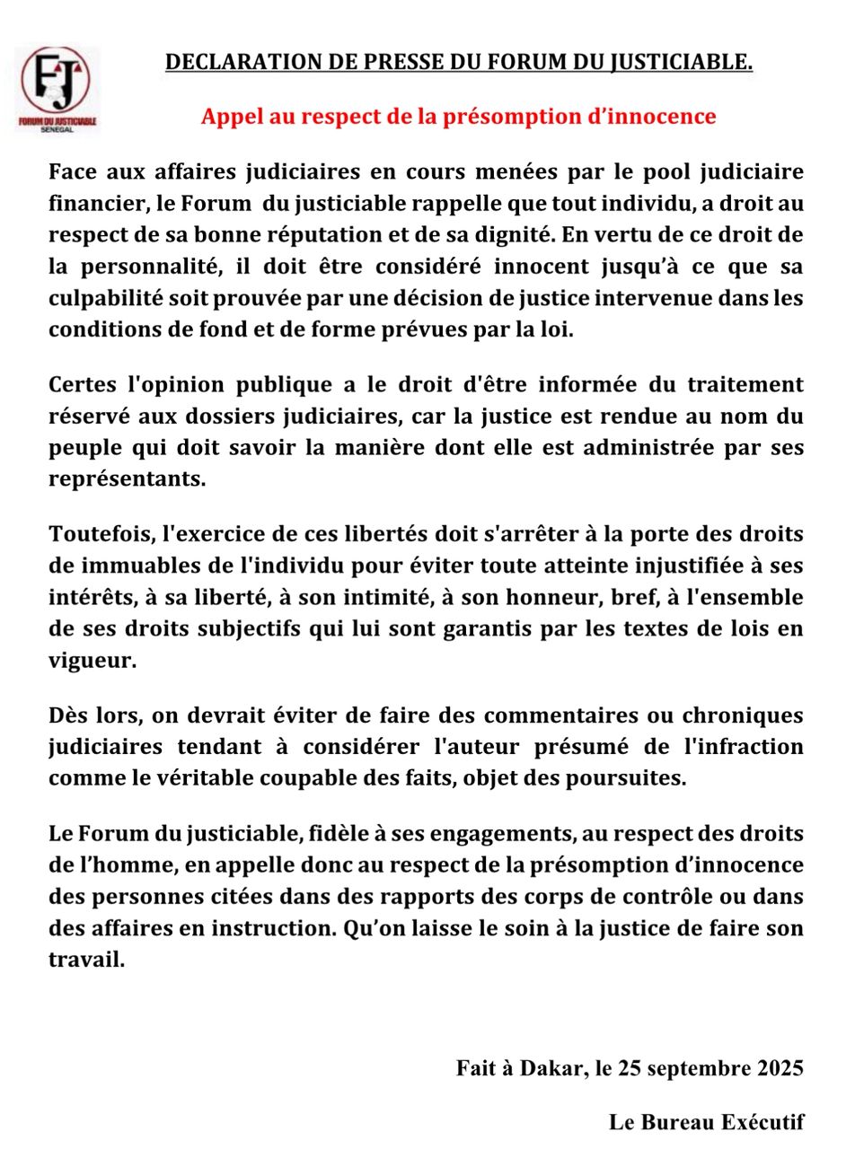 Le Forum du Justiciable appelle au respect de la présomption d’innocence