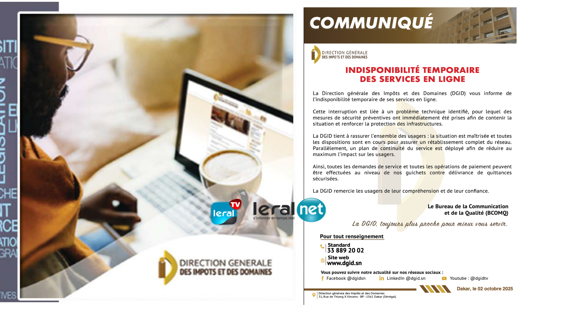 Indisponibilité temporaire des services en ligne de la DGID: Des mesures prises pour rétablir le réseau