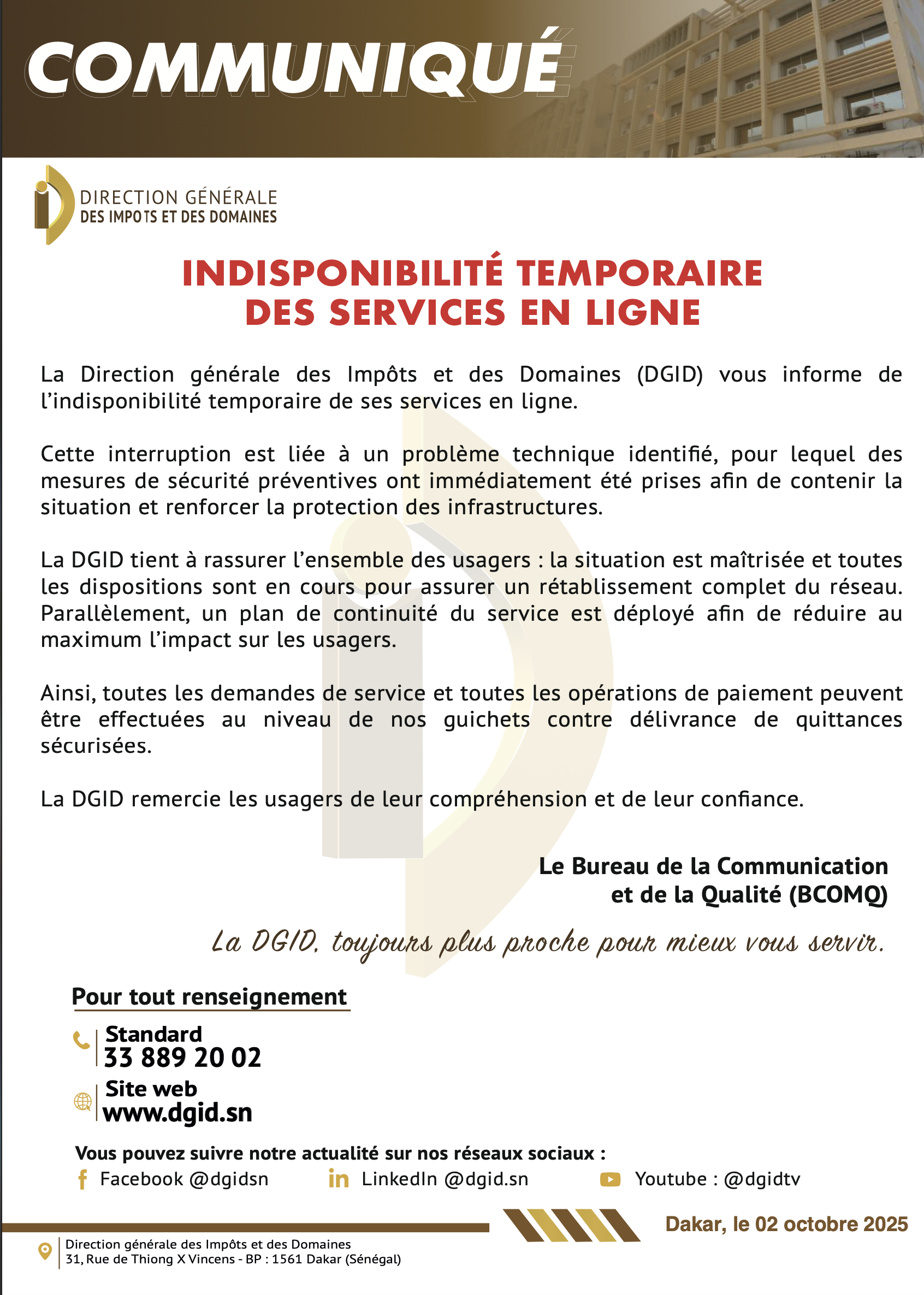 Indisponibilité temporaire des services en ligne de la DGID: Des mesures prises pour rétablir le réseau