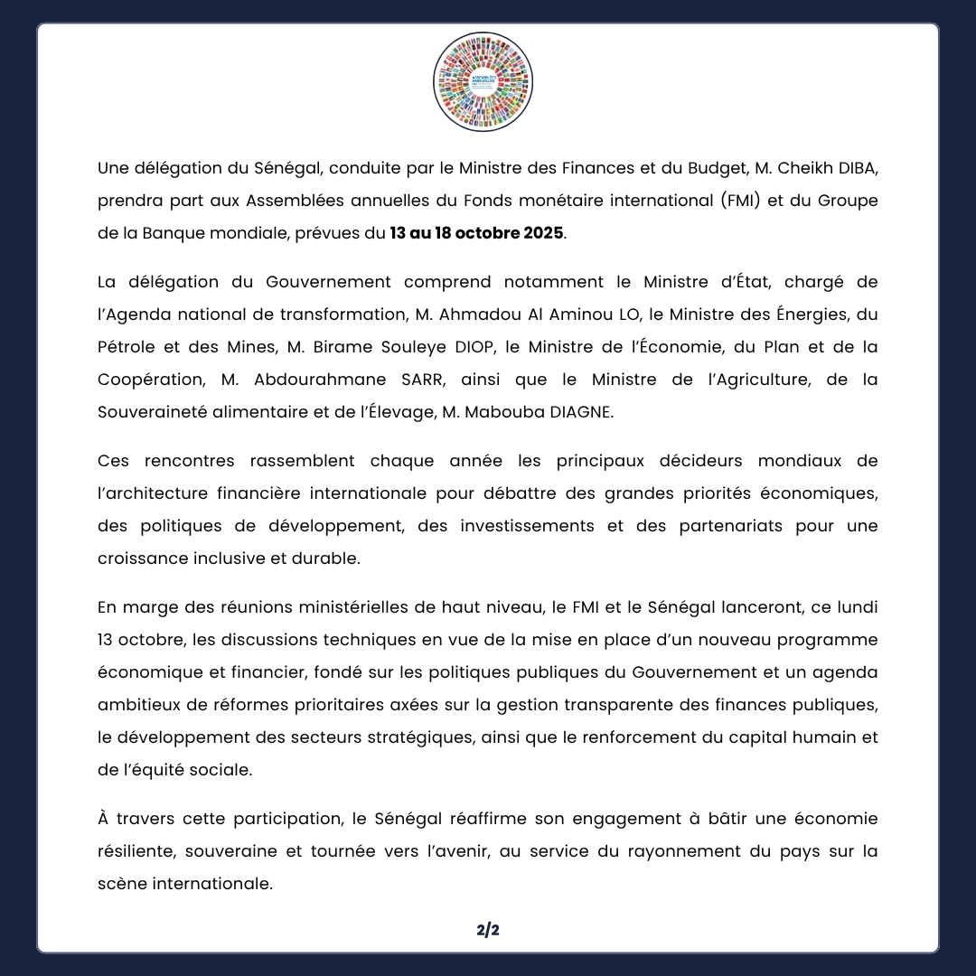 Cheikh Diba conduit la délégation sénégalaise aux Assemblées annuelles du FMI et de la Banque mondiale à Washington