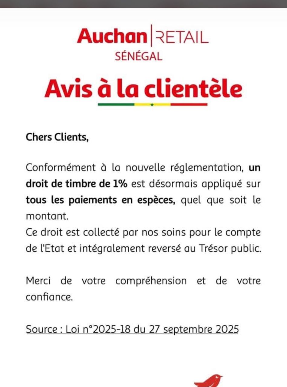 Conformément à la nouvelle réglementation : Auchan applique désormais, un droit de timbre de 1% sur tous les paiements en espèces