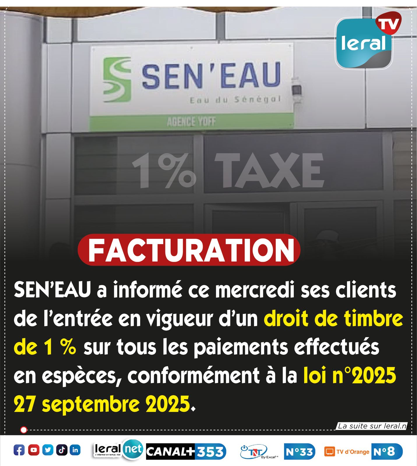 Sen'Eau: Un droit de timbre de 1% s’applique désormais à tous les règlements en espèces