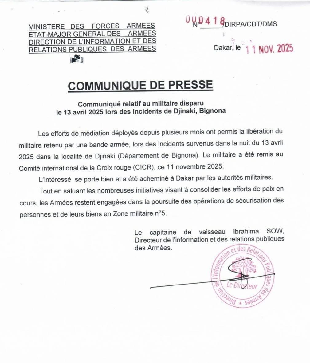 Conflit en Casamance : Le militaire enlevé en avril dernier, enfin libéré