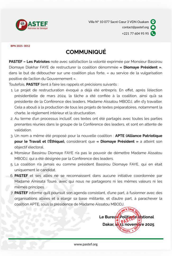 PASTEF clarifie la restructuration de la coalition et réaffirme la légitimité d’Aïssatou Mbodj