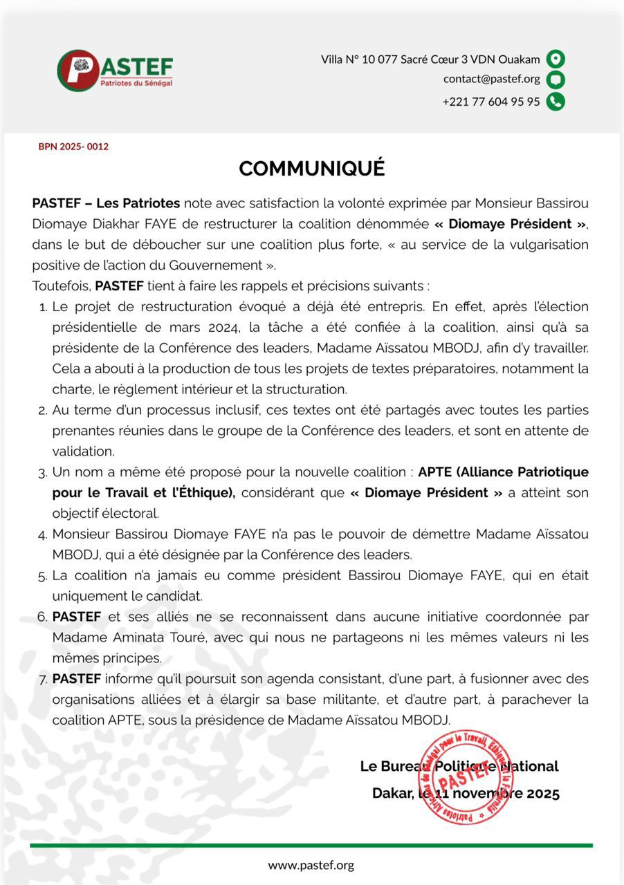 Remplacement de Aida Mbodj à la tête de la coalition Diomaye Président : Le Bureau politique de Pastef Les Patriotes désavoue le Président Diomaye