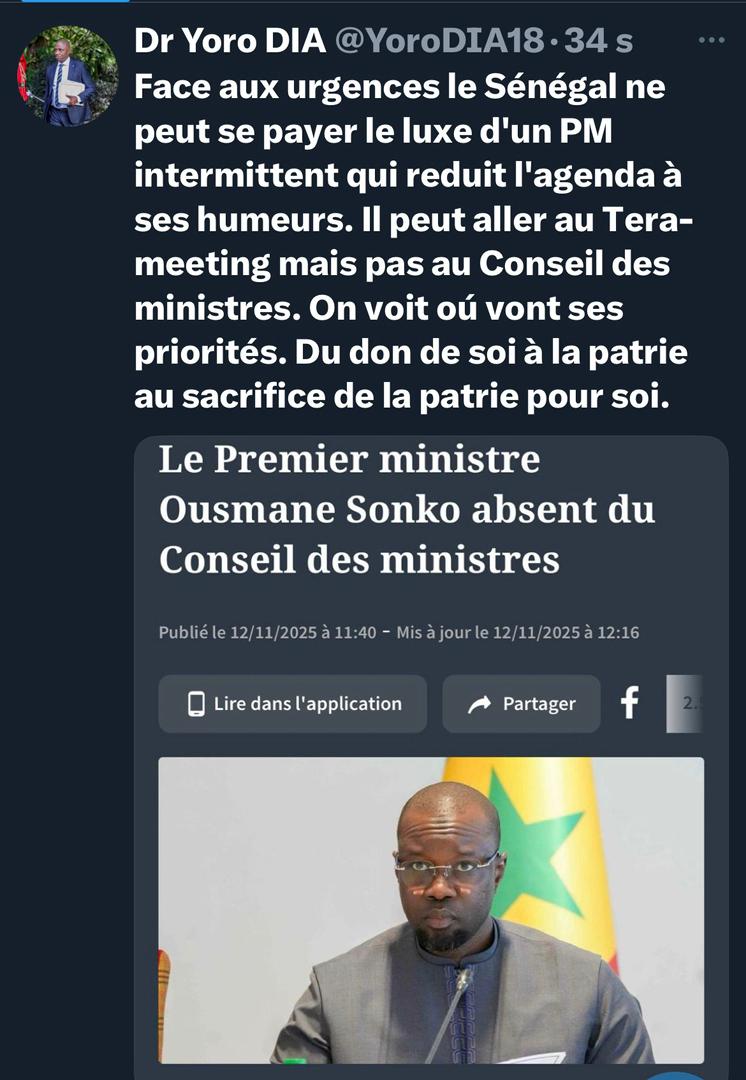 Dr Yoro Dia, ancien Ministre: “Face aux urgences, le Sénégal ne peut pas se payer le luxe d’un PM intermittent qui réduit l’agenda à ses humeurs”