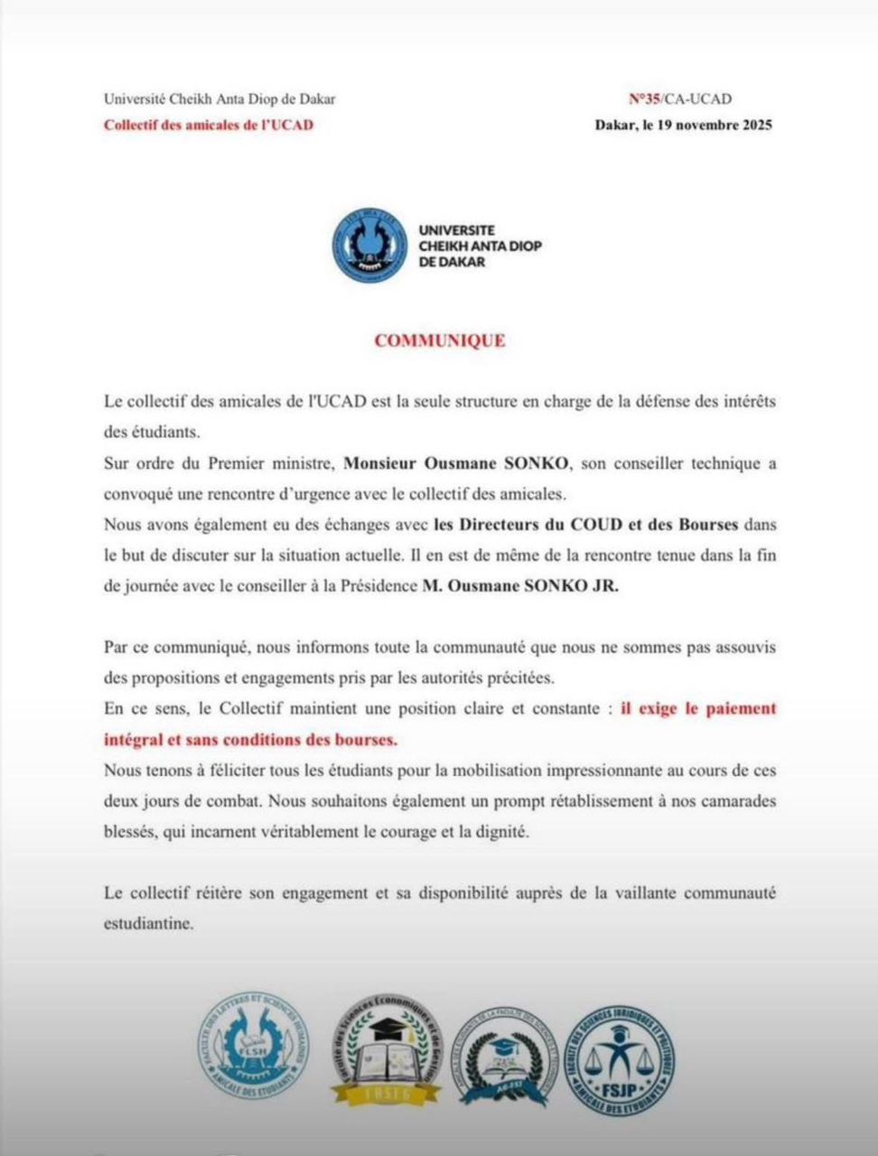 Rencontres d’urgence à l’UCAD : Le Collectif reste ferme sur ses revendications