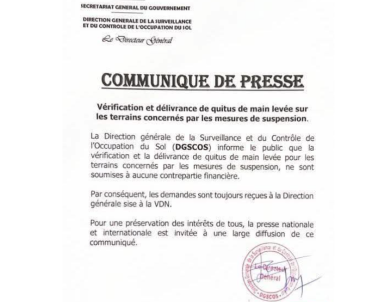 Vérification et délivrance de quitus de main levée : La DGSCOS informe le public de sa poursuite sur les terrains concernés par les mesures de suspension