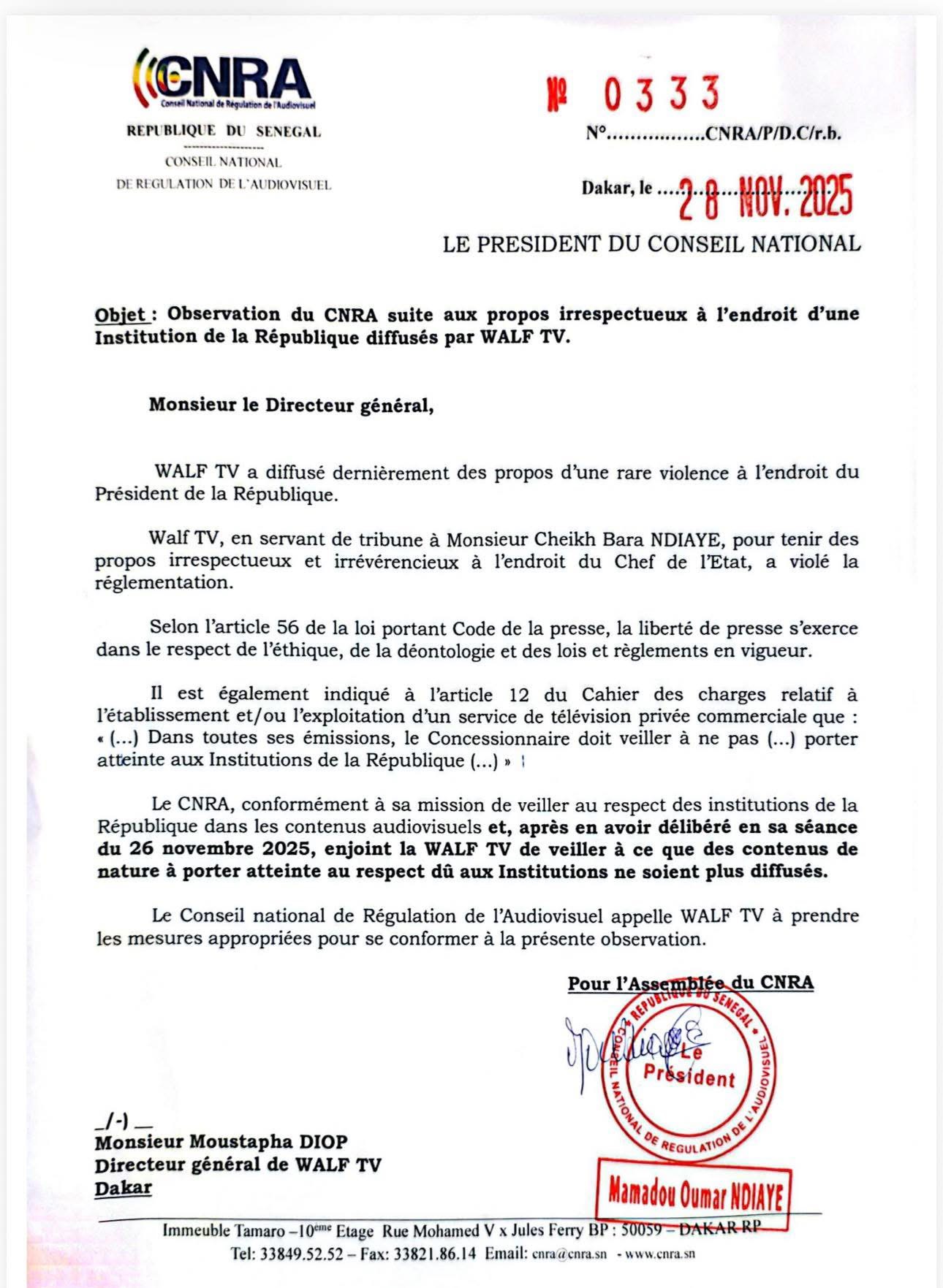 Diffusion des propos de Cheikh Bara Ndiaye: Le CNRA recadre WALF TV