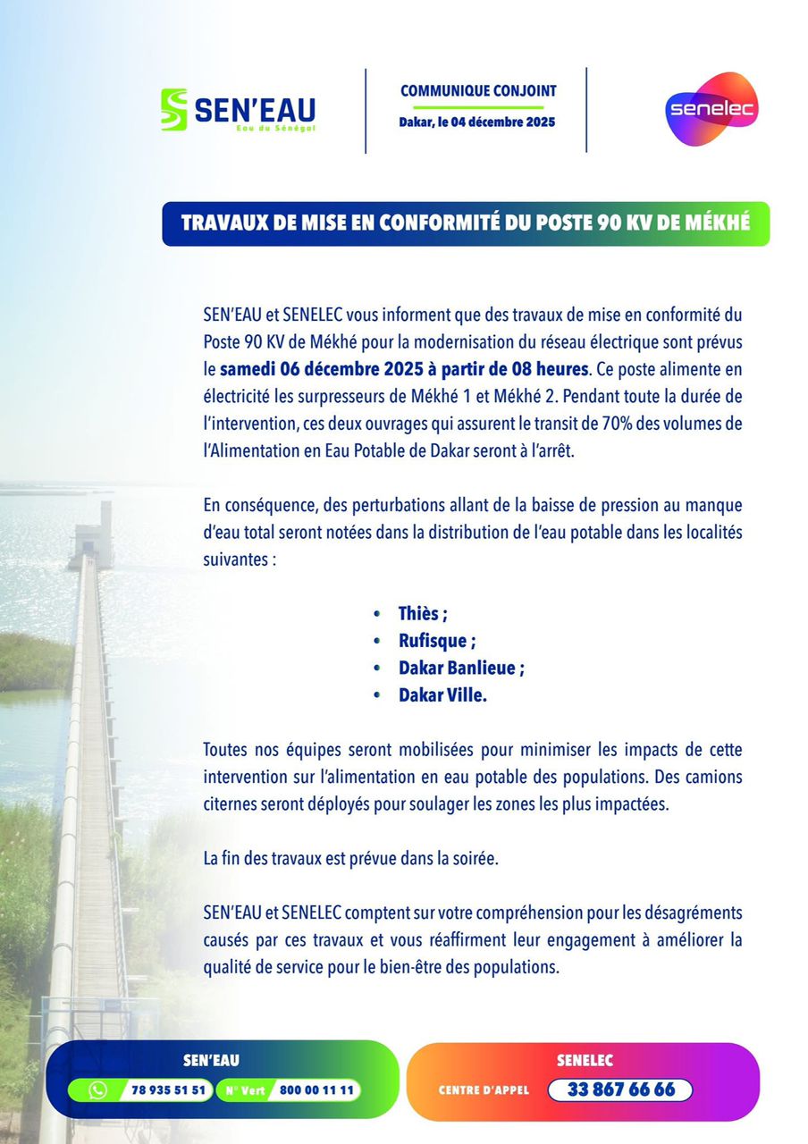 Alimentation en eau: SEN'EAU et SENELEC annoncent des perturbations
