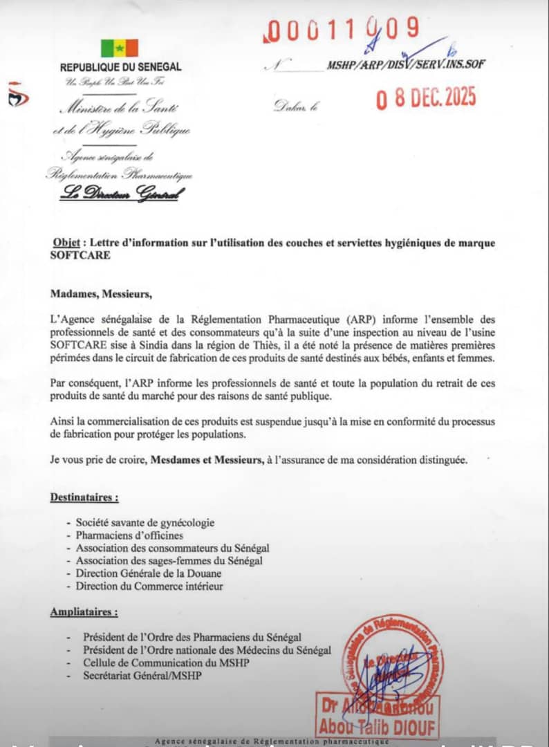 Pour utilisation de matières premières périmées : L’Arp ordonne à SOFTCARE, l’arrêt de fabrication de ses couches et serviettes hygiéniques de marque