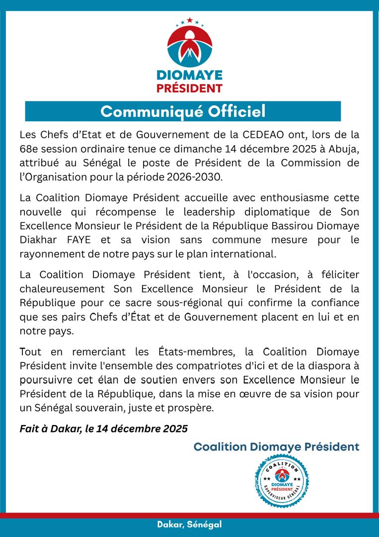 Le Sénégal à la tête de la Commission de la Cedeao : La Coalition Diomaye Président accueille avec enthousiasme cette nouvelle qui récompense le leadership diplomatique de son Excellence, Bassirou Diomaye Diakhar Faye