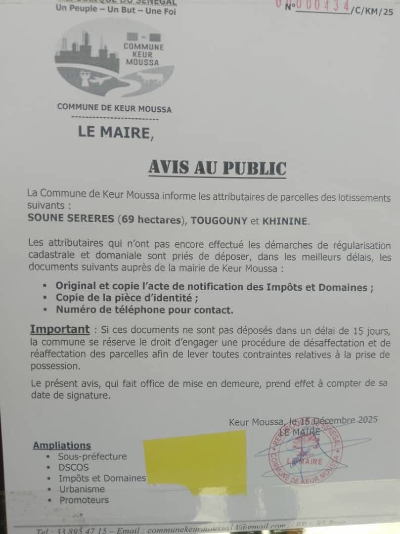 Régularisation cadastrale et domaniale : Le maire de Keur Moussa accorde un délai de 15 jours aux attributaires de parcelles (Document)
