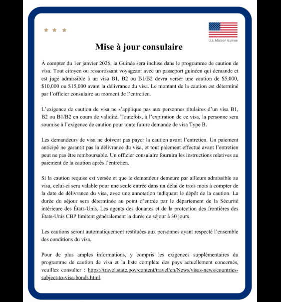 Visas américains: Les Guinéens soumis au paiement d'une caution