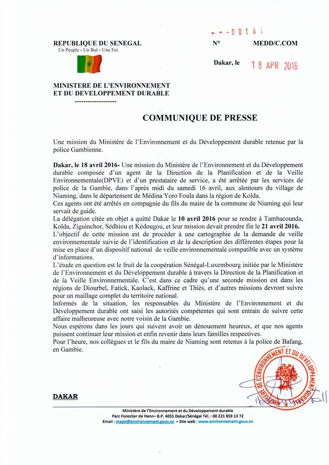 Les agents du ministère de l'Environnement arrêtés en Gambie ont été libérés (Officiel)
