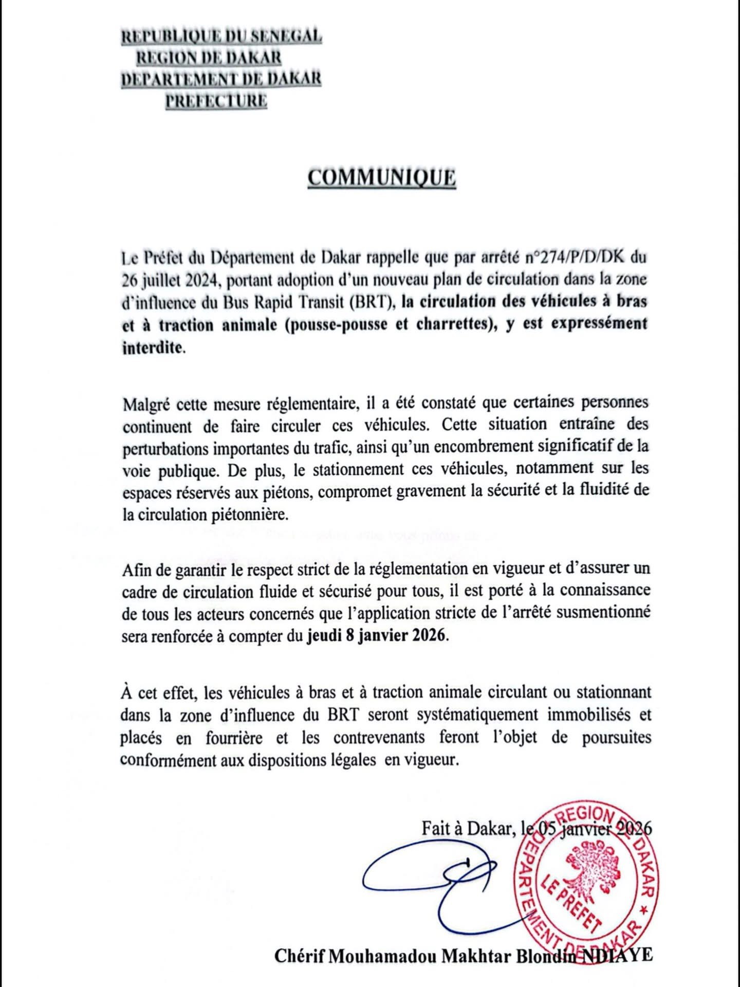 Circulation anarchique autour du BRT : Le Préfet durcit les sanctions