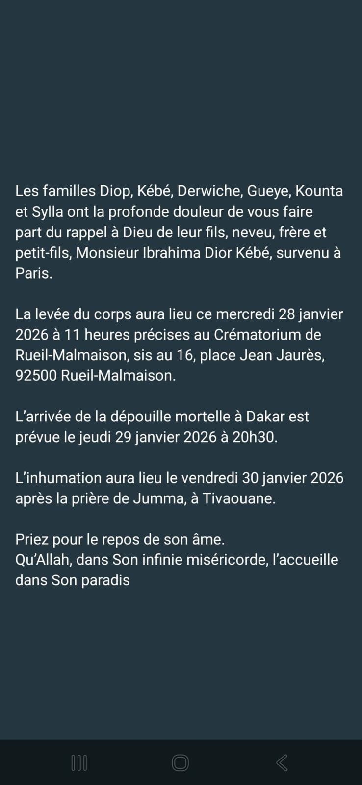Nécrologie : Rappel à Dieu d’Ibrahima Dior Kébé à Paris, son inhumation prévue vendredi prochain, après la prière de Jumma à Tivaouane