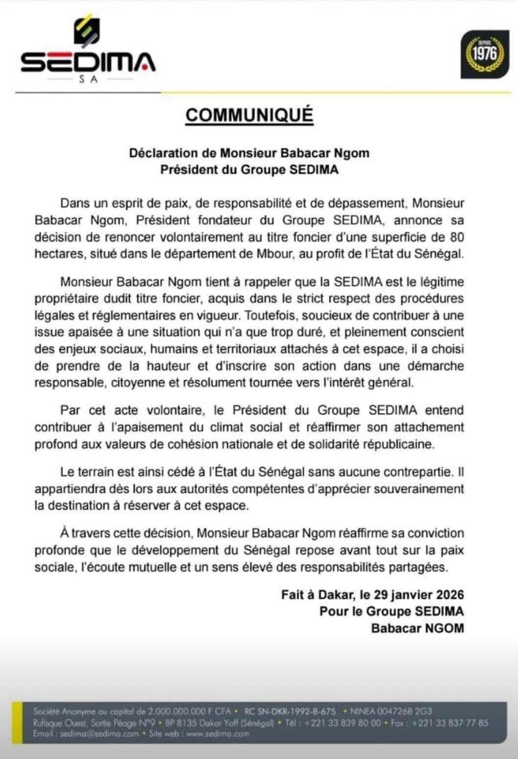 Babacar Ngom (SEDIMA) renonce à ses 80 hectares à Ndingler