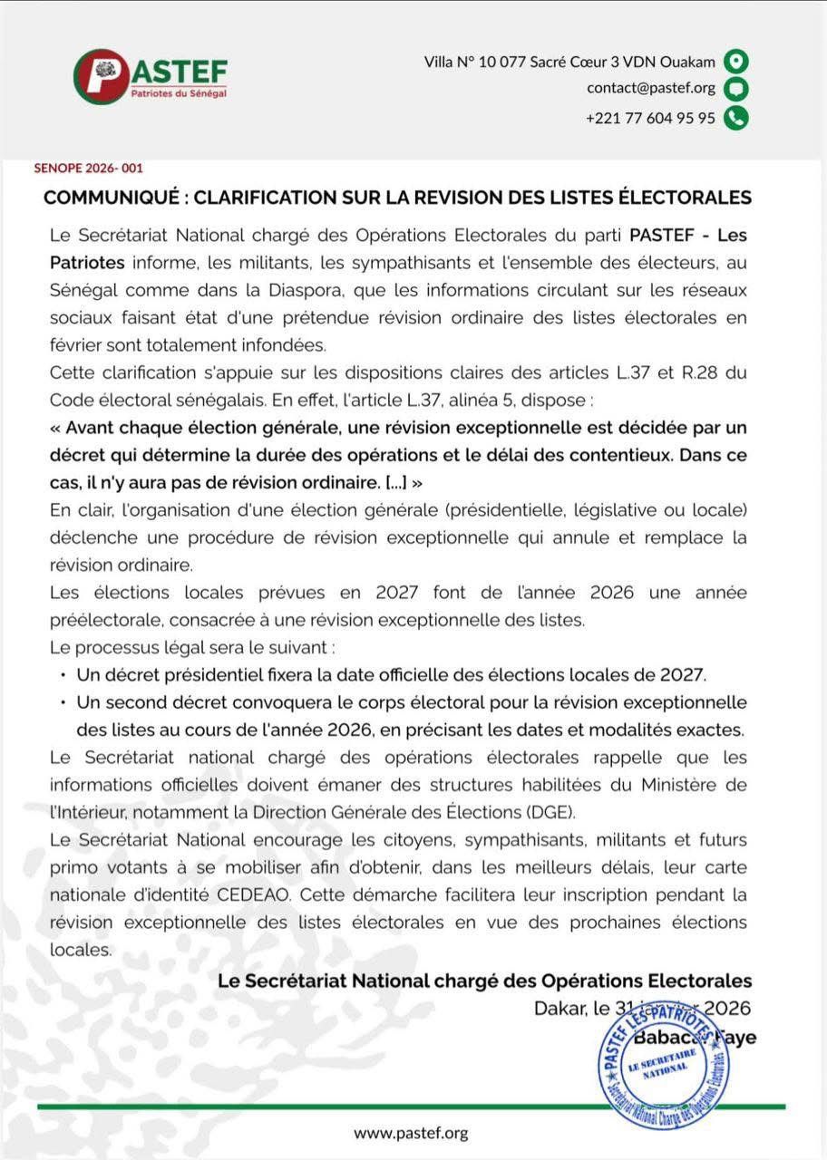 Révision des listes électorales : PASTEF dément les rumeurs et apporte des clarifications