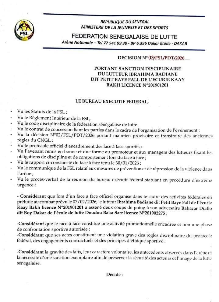 FSL : Le lutteur Petit Baye Fall suspendu pour trois ans de toute activité liée à la lutte