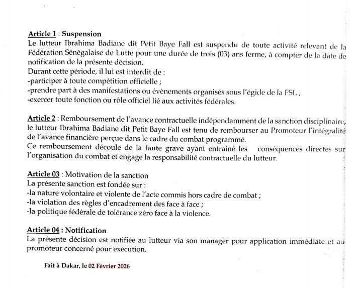 FSL : Le lutteur Petit Baye Fall suspendu pour trois ans de toute activité liée à la lutte