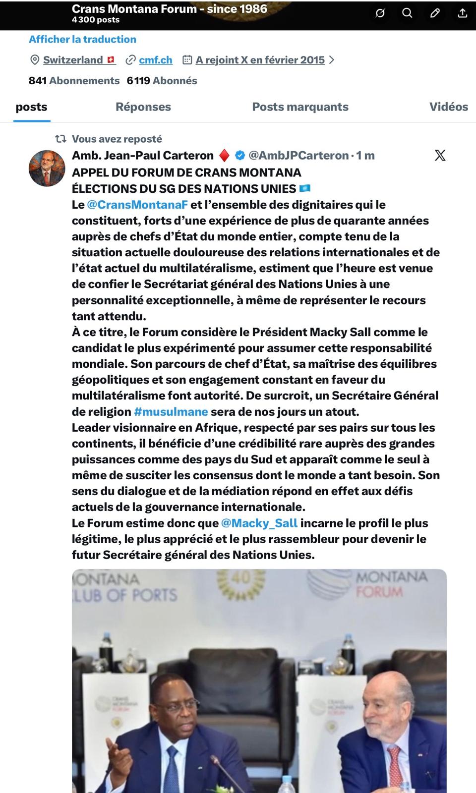 Appel du Forum de Crans Montana aux élections du SG des Nations Unies : L’Ambassadeur Jean Paul Carteron considère le Président Macky Sall comme le candidat le plus expérimenté pour assurer cette responsabilité