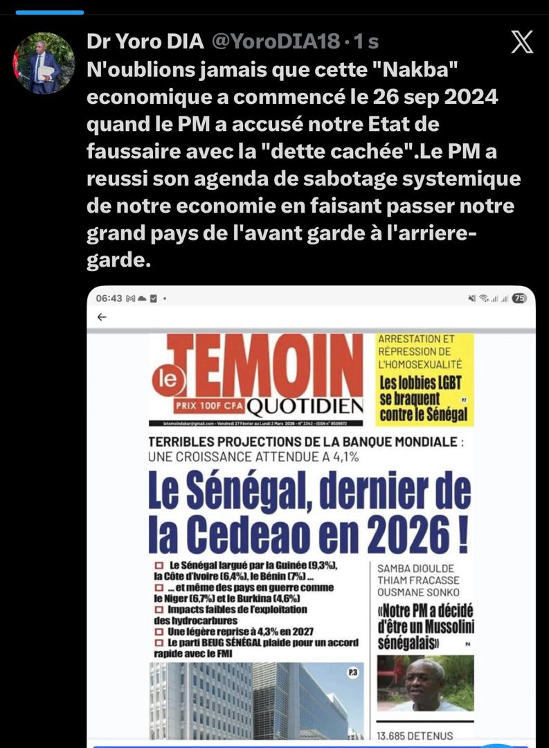 Dr. Yoro Dia, ancien Ministre : « Le Premier Ministre fait passer notre grand pays de l’avant-garde à l’arrière-garde »