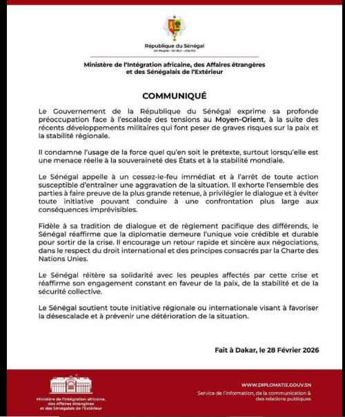 Face à l’escalade des tensions au Moyen-Orient : Le Gouvernement de la République du Sénégal exprime sa profonde préoccupation