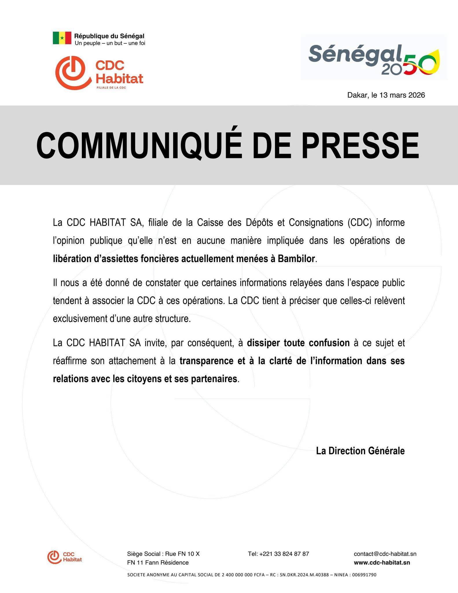 Liberation d'assiettes foncières à Bambilor: La CDC Habitat dégage toute implication directe ou indirecte