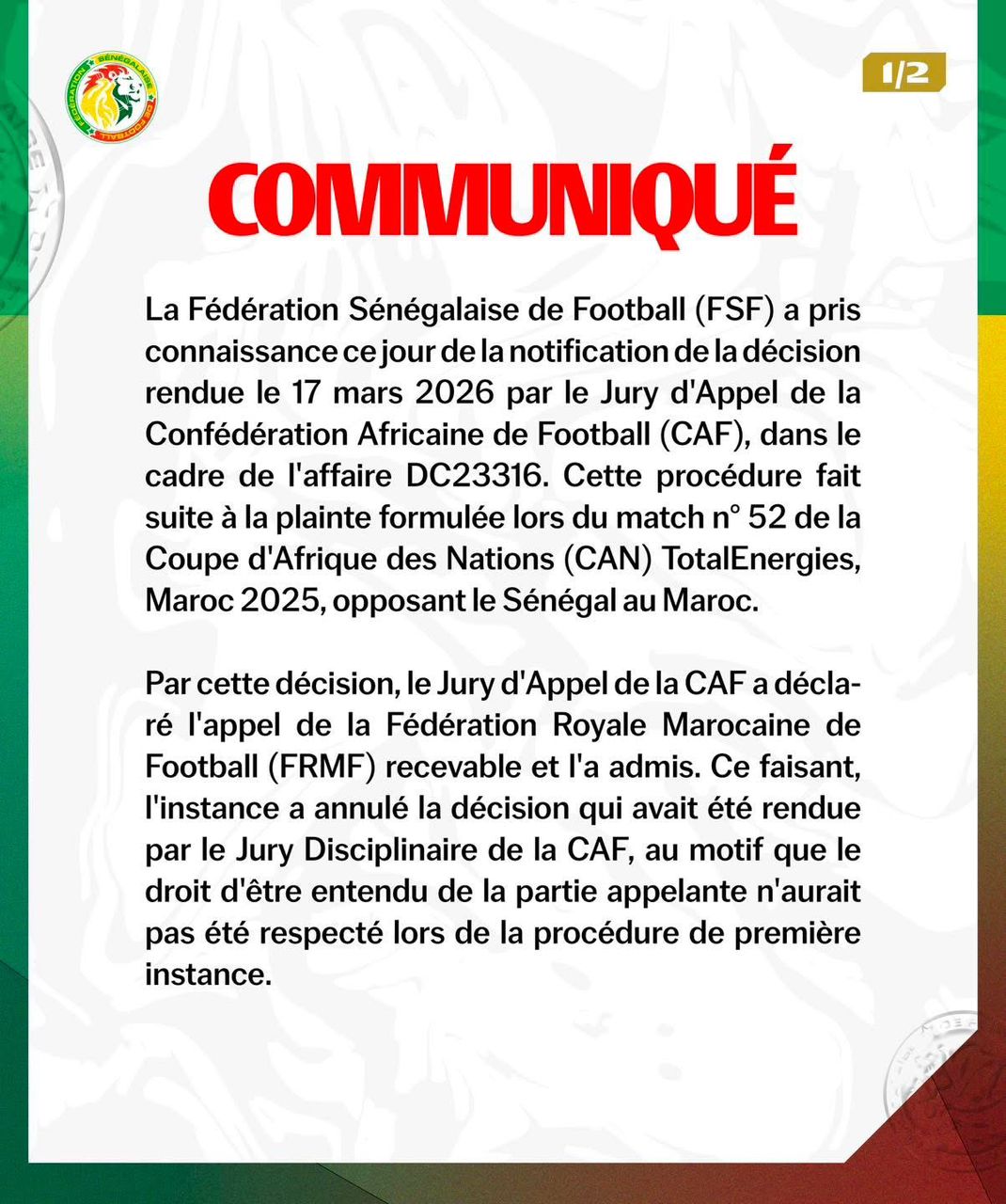 CAF : Le Sénégal sanctionné d’un forfait, la FSF saisit le TAS
