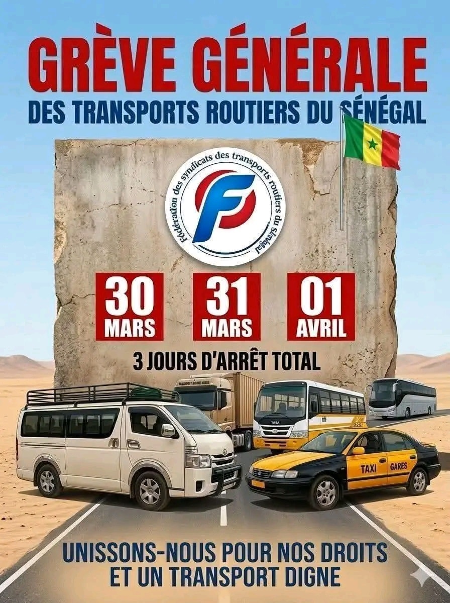 Grève des transports au Sénégal: trois jours de paralysie annoncés du 30 mars au 1er avril
