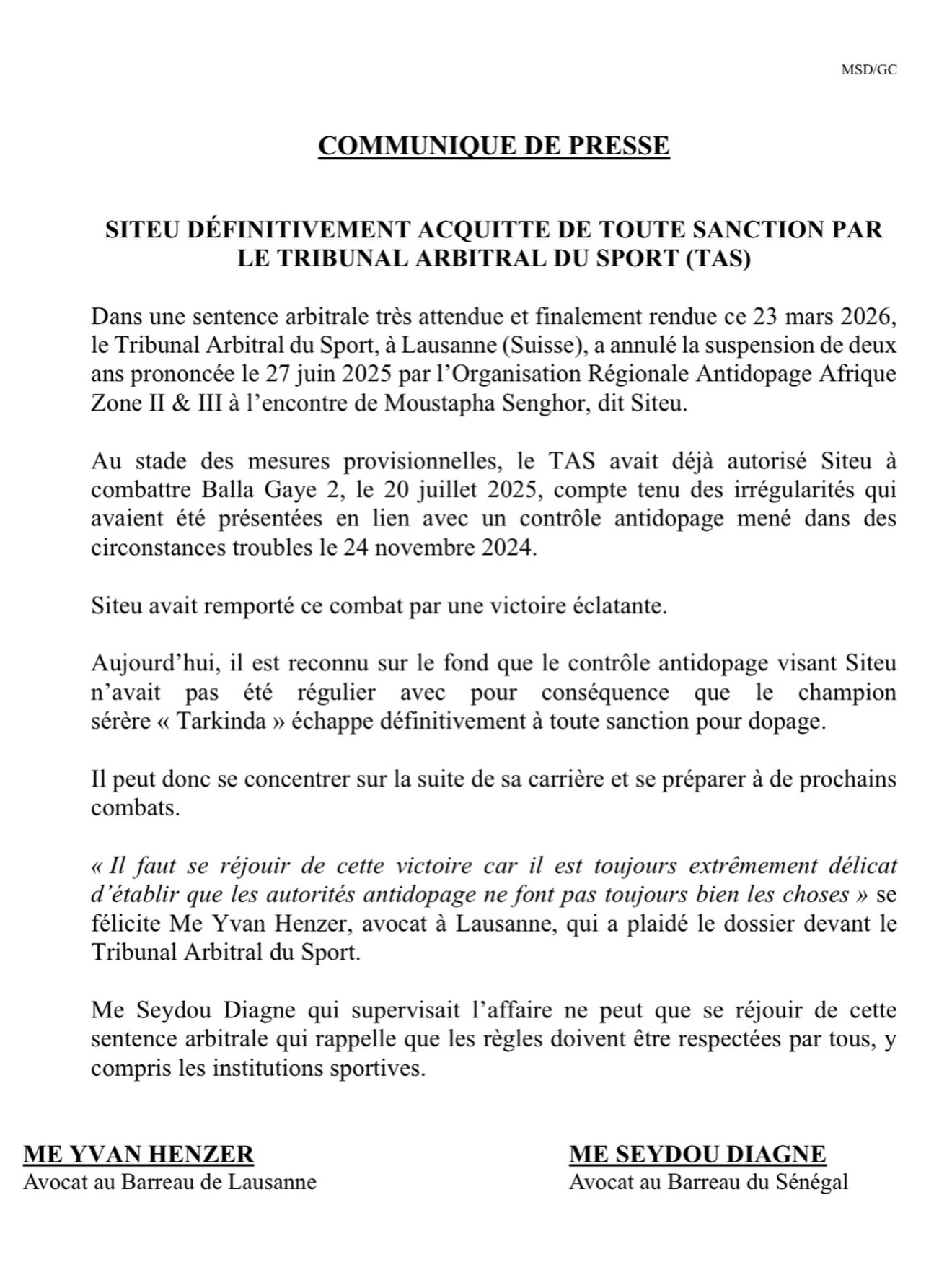 Dopage : le TAS blanchit définitivement Siteu et annule la sanction de l’ORAD