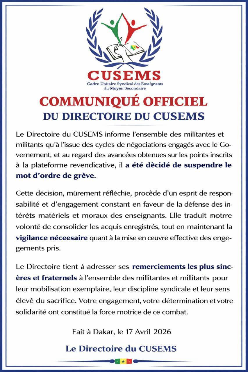 CUSEMS suspend son mot d’ordre de grève