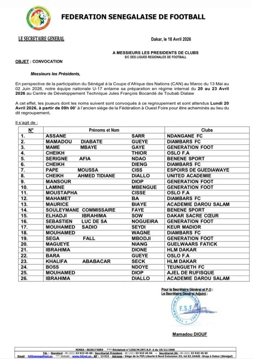CAN U17 2026 : Lamine Sané dévoile sa première liste de préparation avec 26 joueurs convoqués