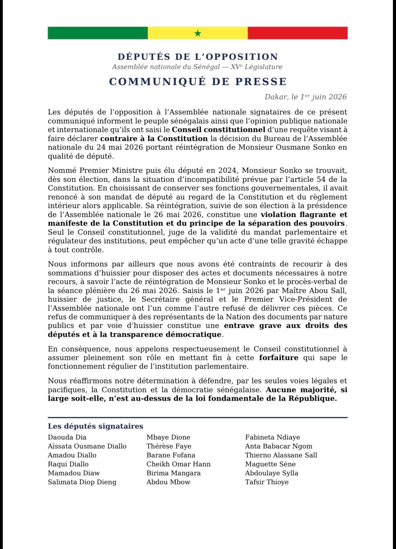 Assemblée nationale : l’opposition conteste la réintégration d’Ousmane Sonko devant le Conseil constitutionnel