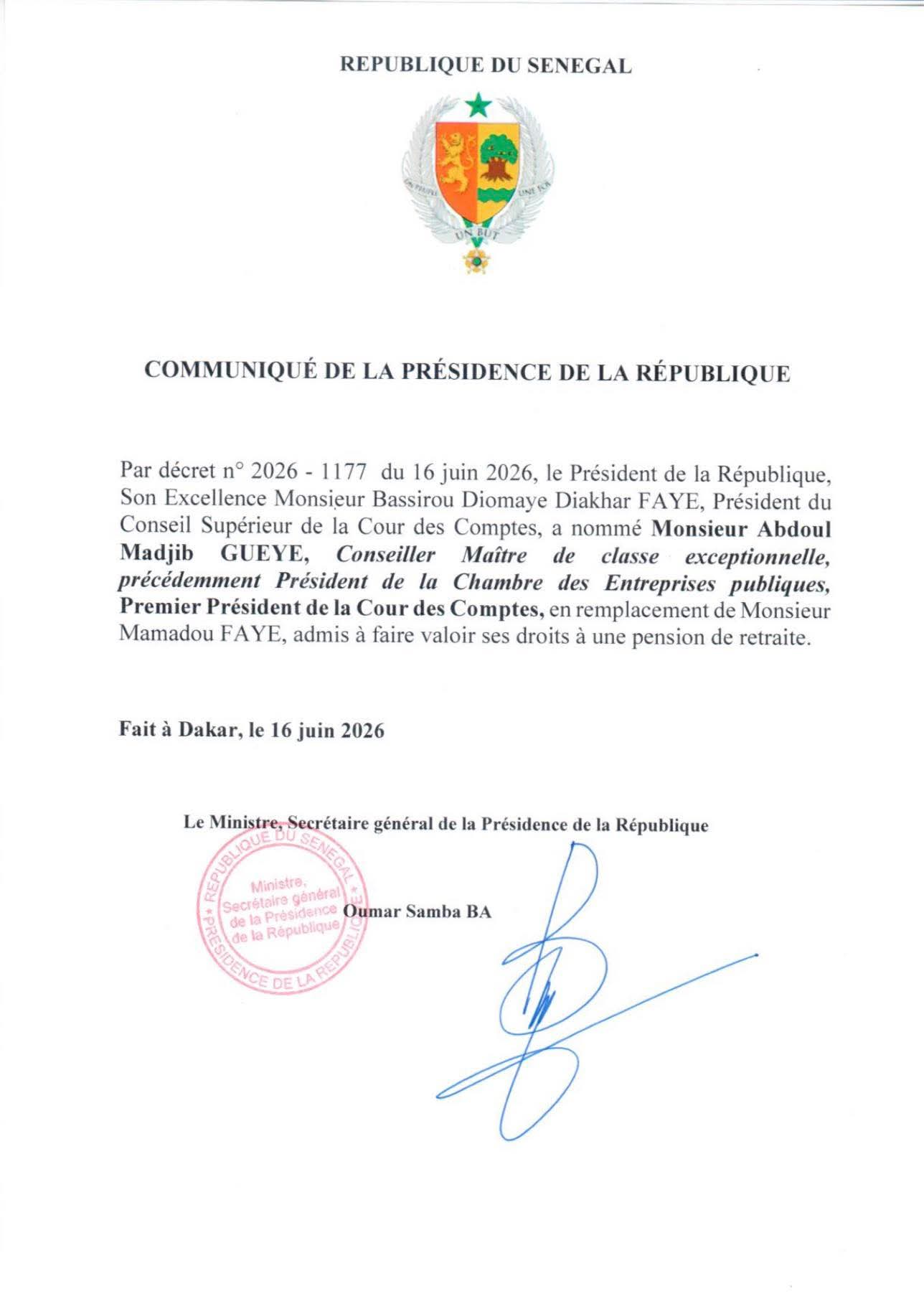 Cour des comptes : Abdoul Madjib Gueye prend les rênes de la haute juridiction financière