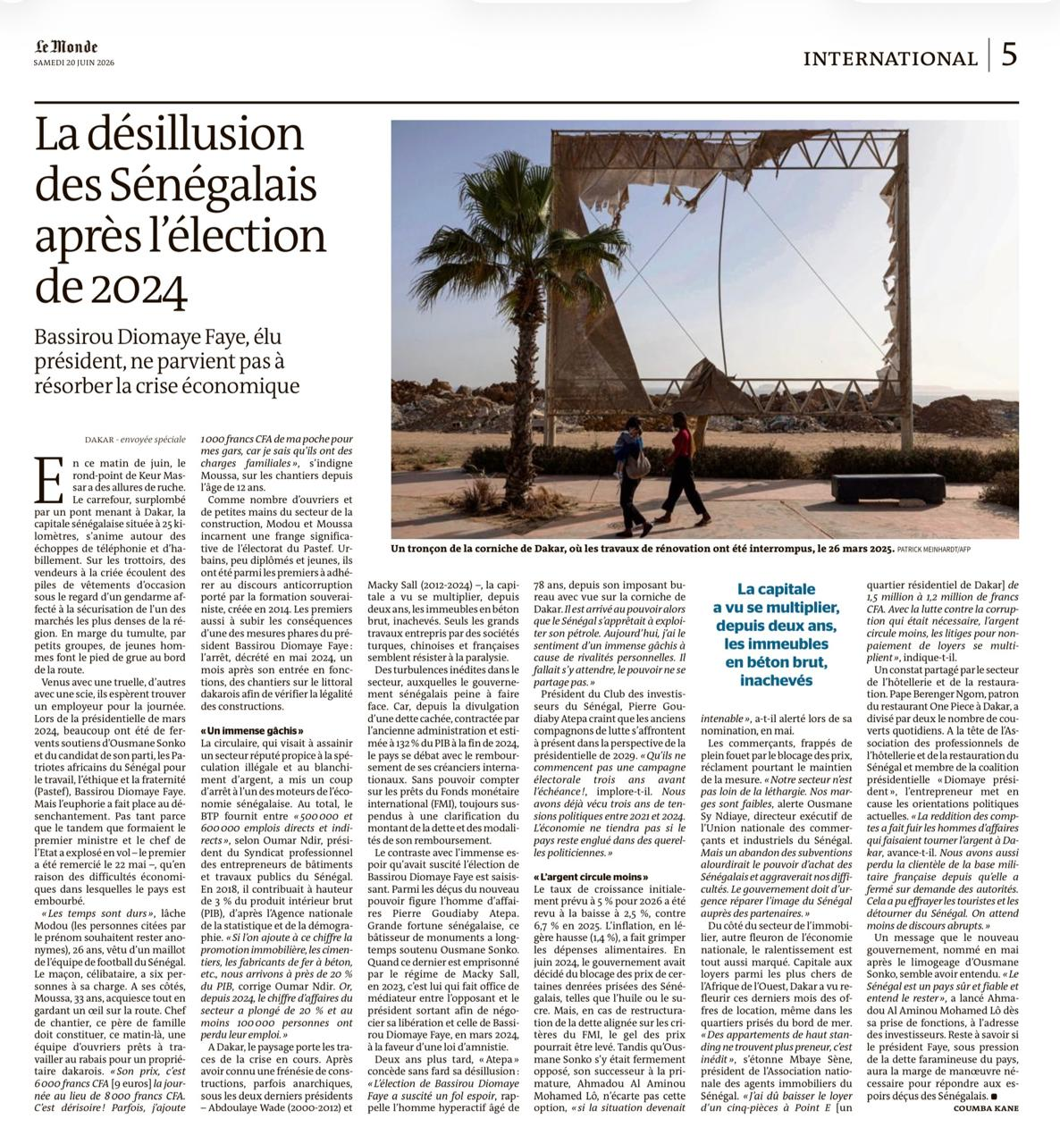 Le Monde : « La désillusion des Sénégalais après l’élection de 2024 » – Le quotidien français décrit un Sénégal confronté au ralentissement économique Le Monde : « La désillusion des Sénégalais après l’élection de 2024 » – Le quotidien français décrit un Sénégal confronté au ralentissement économique