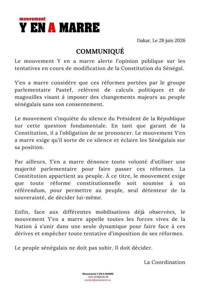 Réformes constitutionnelles : Y’en a marre exige un référendum et appelle à la vigilance citoyenne