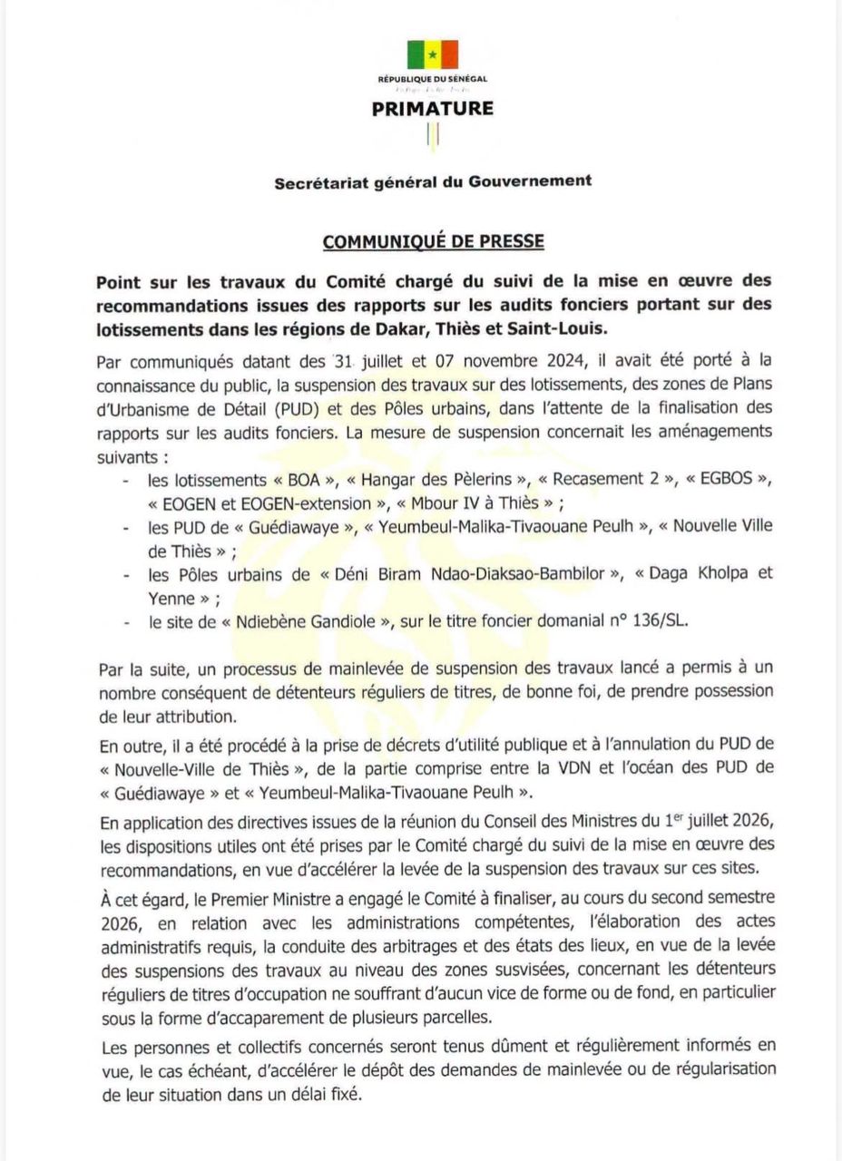 COMMUNIQUE - Point sur les travaux du comité chargé du suivi de la mise en œuvre des recommandations issues des rapports sur les audits fonciers portant sur des lotissements dans les régions de Dakar, Thiès et Saint-Louis